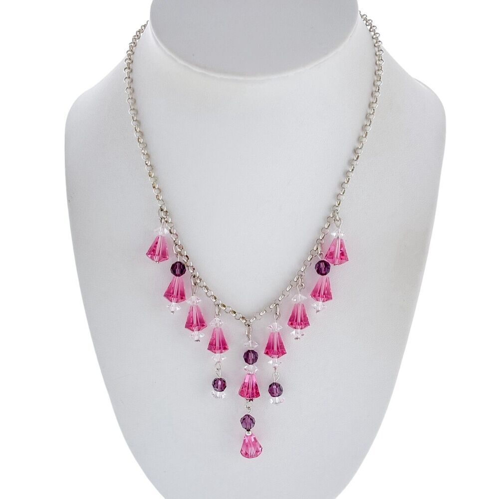 Estate Estate Sterling Silver 925 Pink Crystal Chandelier Necklace 15"-20"